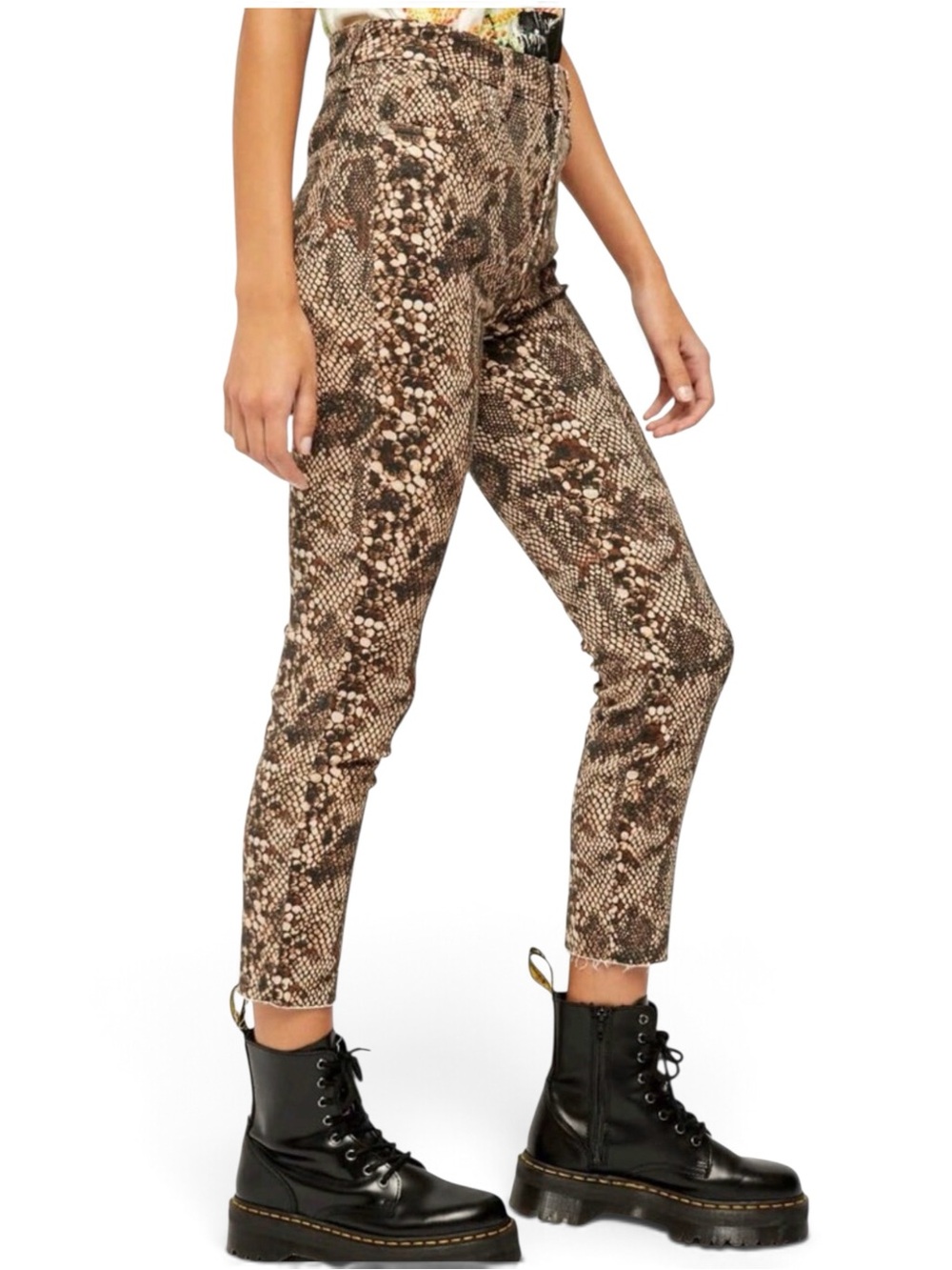 NEW Free People High-Rise Jeans Black Tan Snake Animal Print Raw Hem Multi Sizes